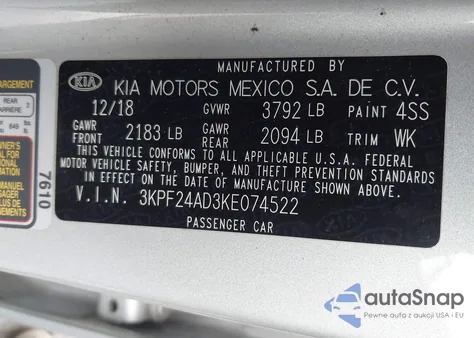 2019 Kia Forte Lxs z USA, uszkodzony, nr VIN 3KPF24AD3KE074522